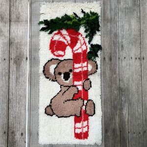 Vintage Latch Hook Koala With Candy Cane Evergreen Christmas Holiday MCM Art